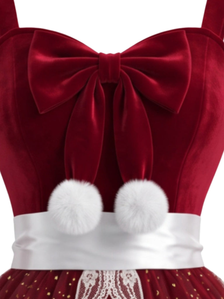Ensemble robe de Noël rouge en velours à tablier, nœud et bordure en résille années 1940 - 3