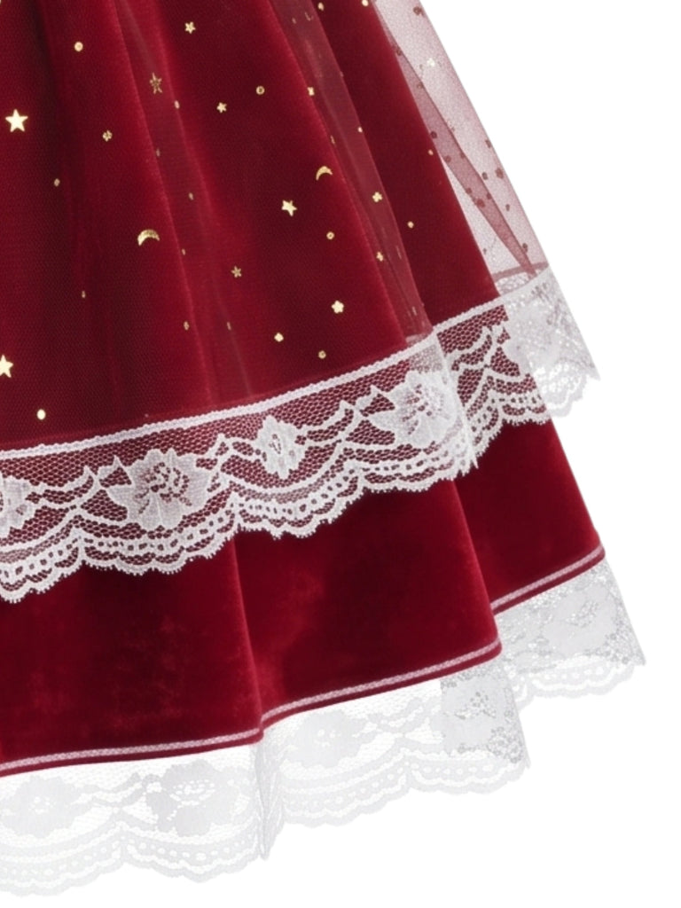 Ensemble robe de Noël rouge en velours à tablier, nœud et bordure en résille années 1940 - 4