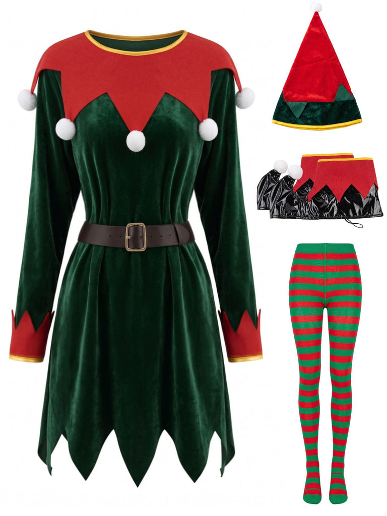 Ensemble robe de Noël rouge et verte en velours à rayures et pompons années 1940 - 1