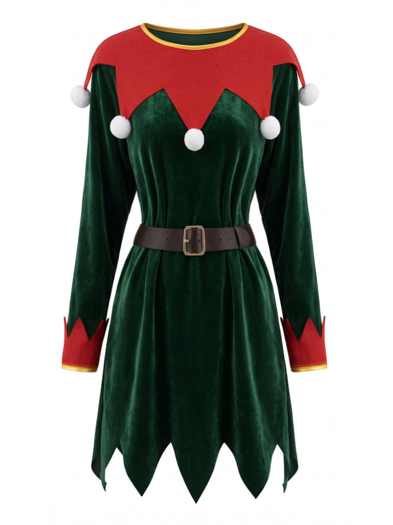 Ensemble robe de Noël rouge et verte en velours à rayures et pompons années 1940 - 2