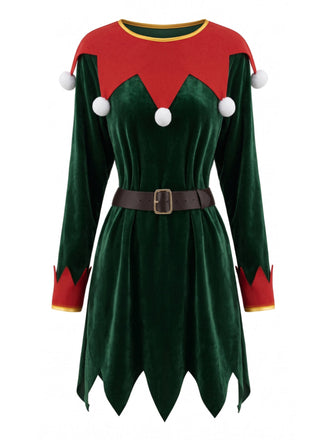 Ensemble robe de Noël rouge et verte en velours à rayures et pompons années 1940 - 2