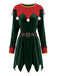 Ensemble robe de Noël rouge et verte en velours à rayures et pompons années 1940 - 2