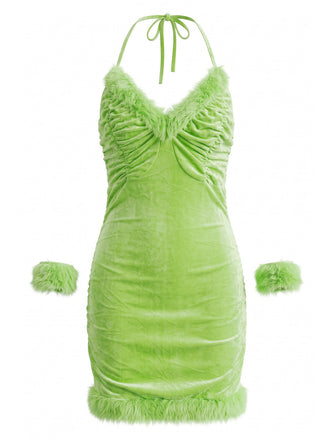 Ensemble robe de Noël verte en velours à tour de cou et bordure en fausse fourrure années 1970 - 1