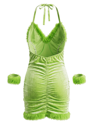 Ensemble robe de Noël verte en velours à tour de cou et bordure en fausse fourrure années 1970 - 2