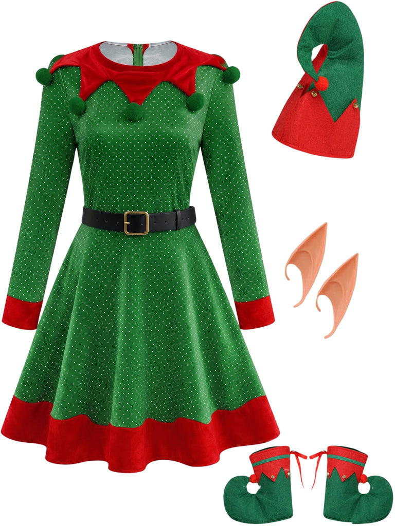 Ensemble robe déguisement lutin de Noël vert Années 1950 - 1