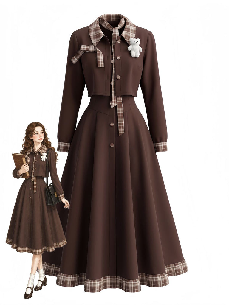 Ensemble Robe Marron à Fines Bretelles et Veste Courte à Bordures à Carreaux Années 1940 - 1