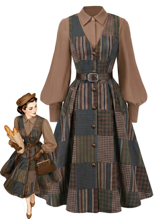 [Prévente] Ensemble Robe Sans Manches Marron à Carreaux et Empiècements avec Ceinture et Blouse Années 1940 - 1