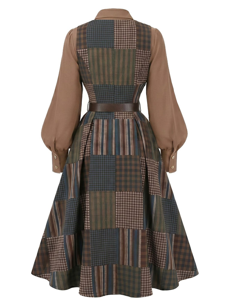 [Prévente] Ensemble Robe Sans Manches Marron à Carreaux et Empiècements avec Ceinture et Blouse Années 1940 - 3