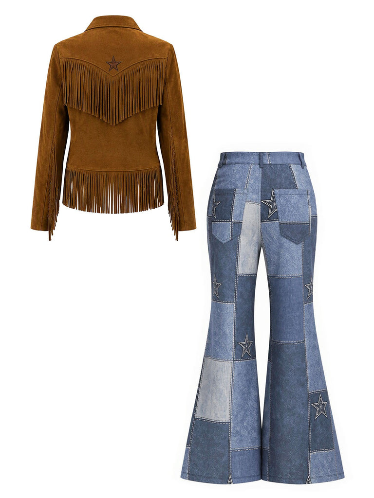 [Prévente] Ensemble veste en suédine à étoiles et franges et pantalon évasé imprimé denim années 1970 - 3