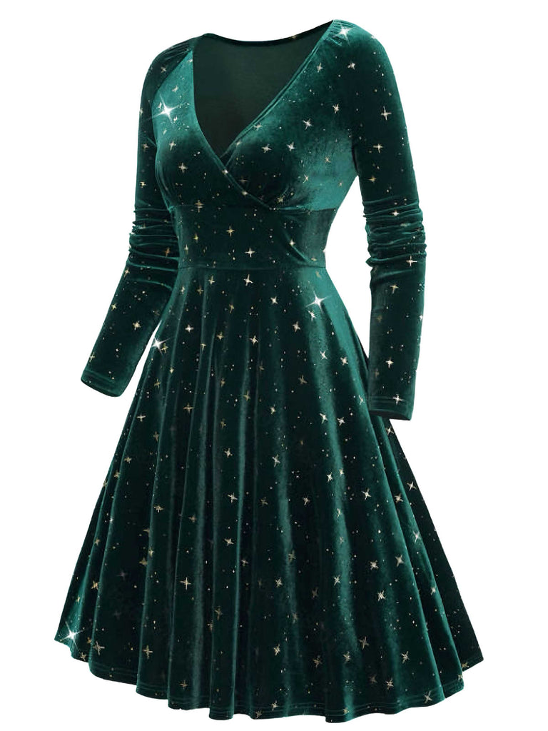 Robe en velours col en V et étoiles vert foncé des années 1940