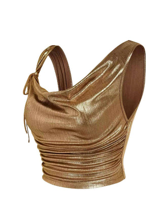 Haut froncé sans manches col irrégulier avec nœud doré des années 1960