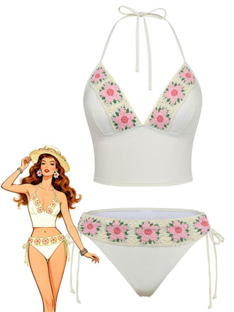 Ensemble Bikini Taille Haute Fleurs Brodées Artisanal Années 50
