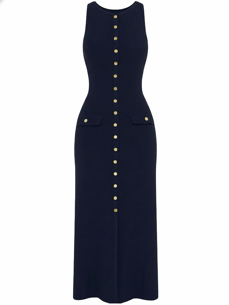 Robe tricotée unie sans manches simple boutonnage années 1960