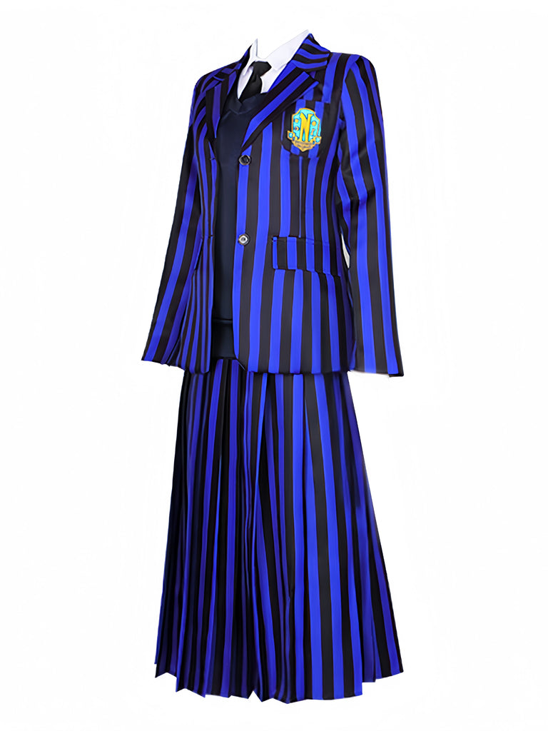 Ensemble d'uniforme bleu rayé de Wednesday Addams des années 1940