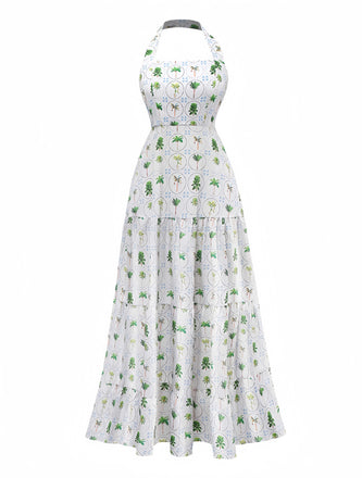 Robe licou verte à imprimé palmiers et carreaux des années 1970