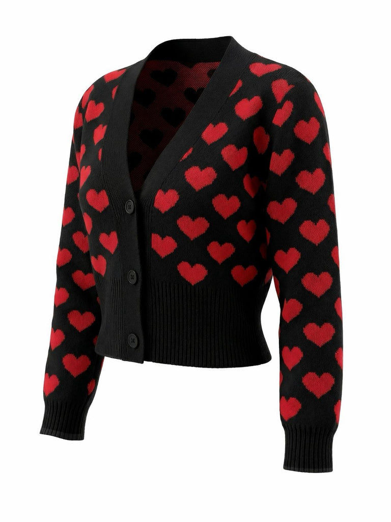Gilet court en maille noire à motif cœur de la Saint-Valentin années 1960