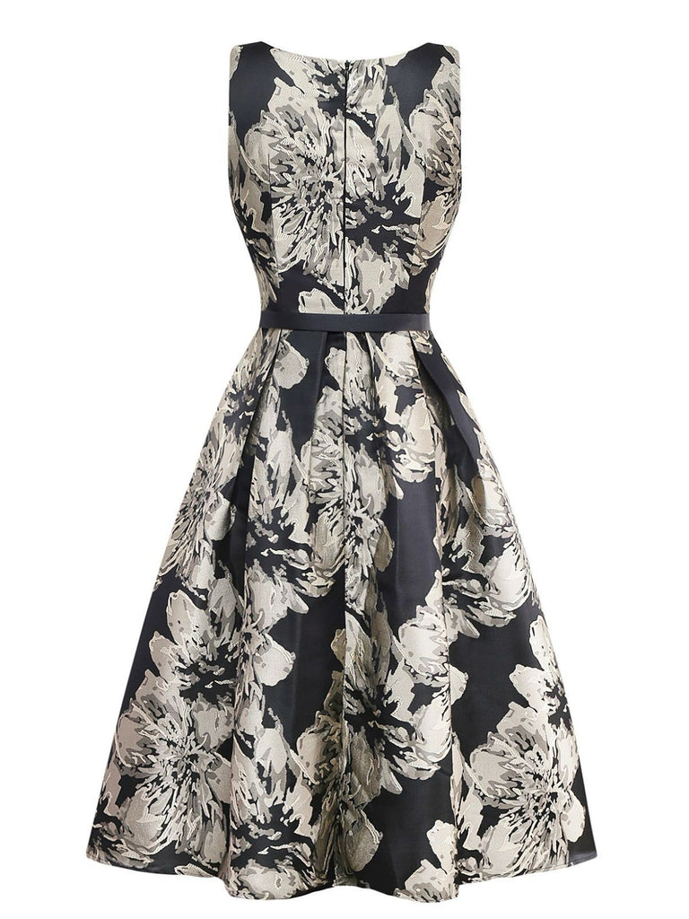 Robe noire à fleurs en jacquard avec ceinture années 1950