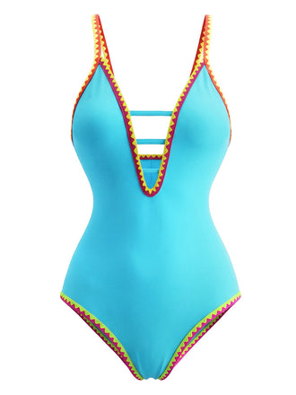 Maillot de bain une pièce à bretelles découpées color block années 1970