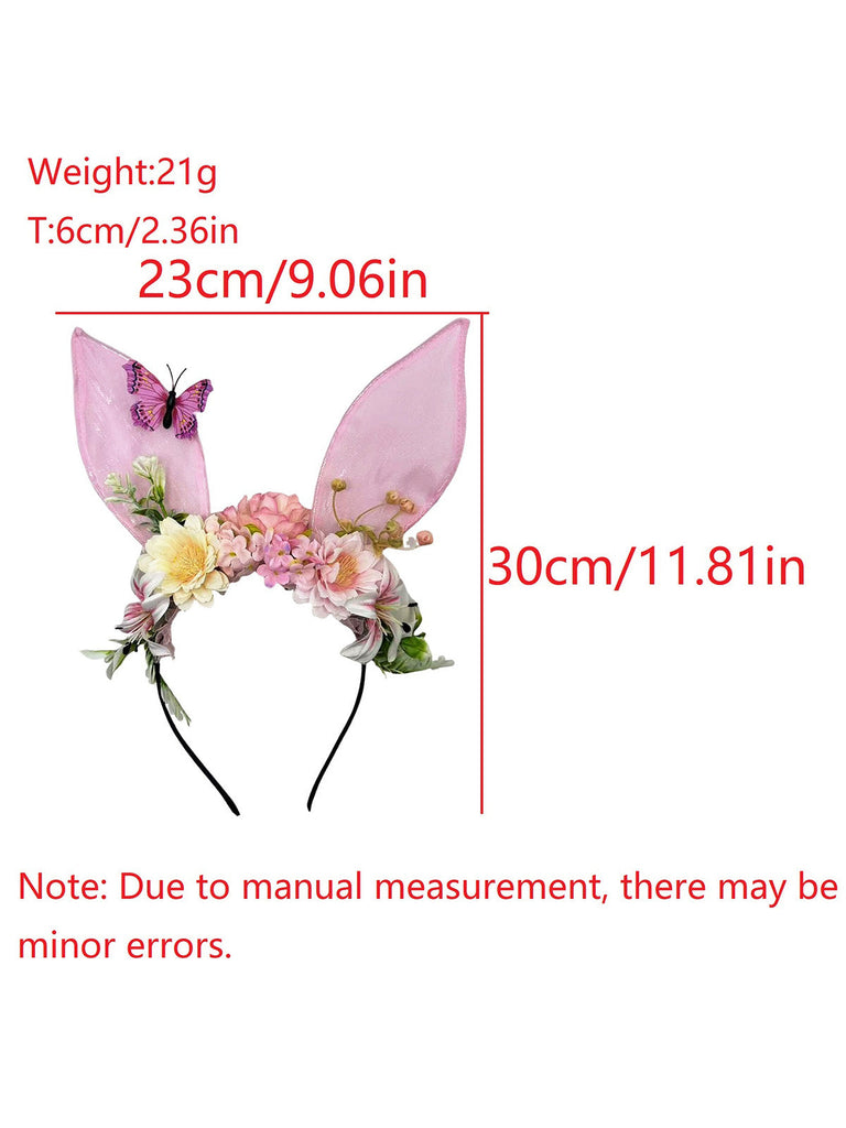 Whimsical pink fairycore headband with sheer bunny ears, silk flowers, and a purple butterfly accent.