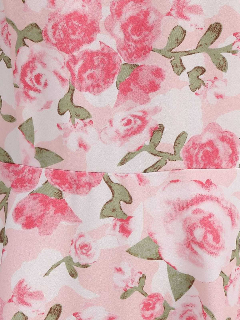 Close-up of the waistline seam illustrating the seamless transition of the rose pattern between the bodice and skirt.