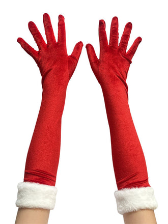 Gants longs rouges en velours à bordure de plumes au-dessus du coude - 1