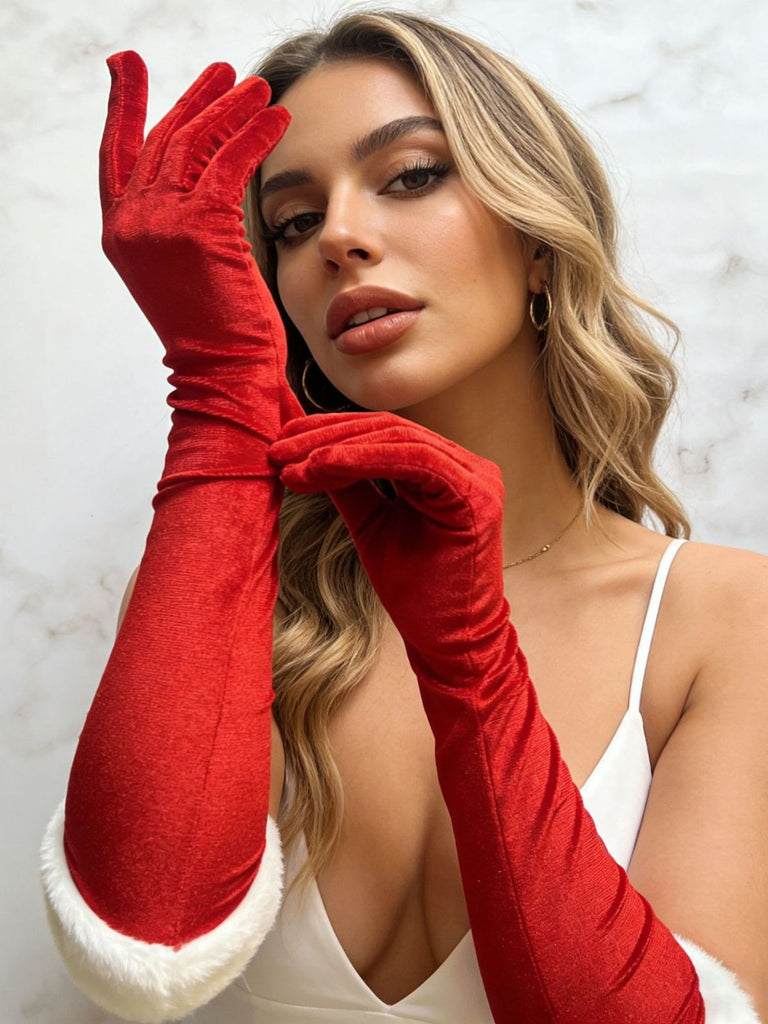 Gants longs rouges en velours à bordure de plumes au-dessus du coude - 4