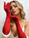 Gants longs rouges en velours à bordure de plumes au-dessus du coude - 4