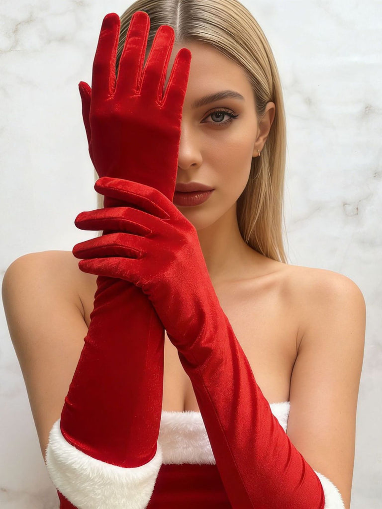 Gants longs rouges en velours à bordure de plumes au-dessus du coude - 8