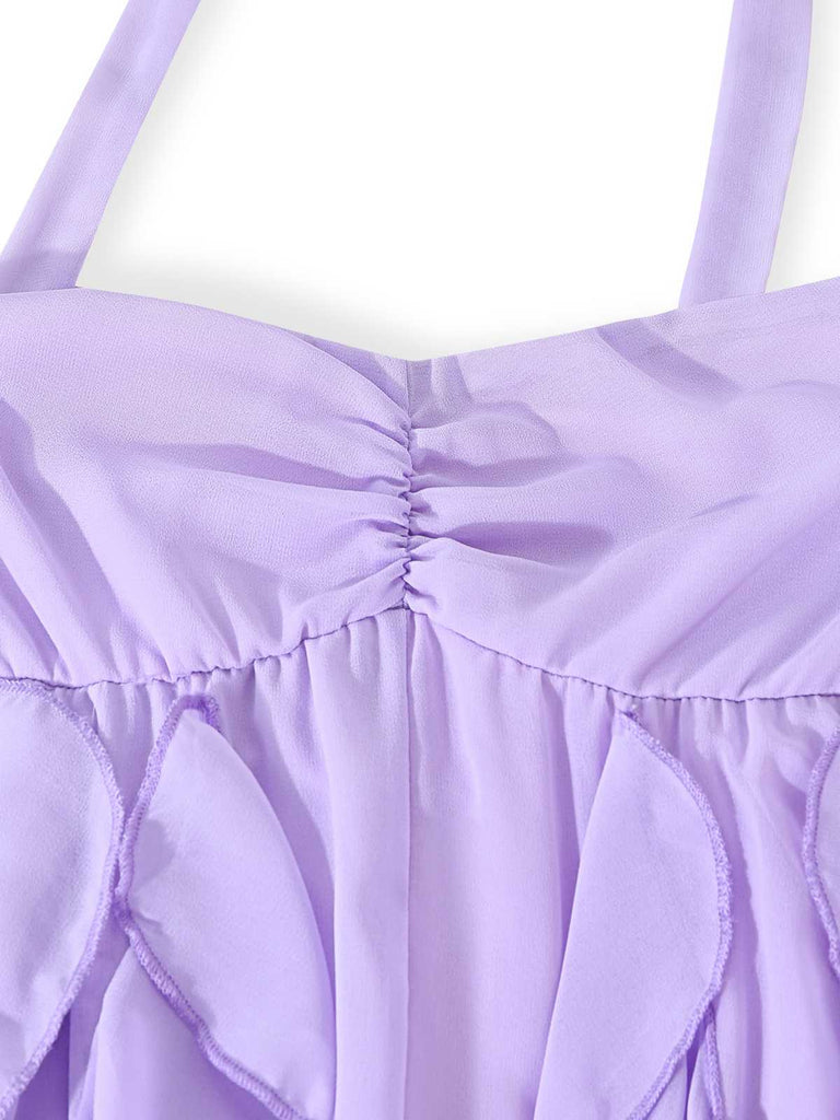 Close-up of the gathered sweetheart neckline and the top of the vertical ruffle accents.