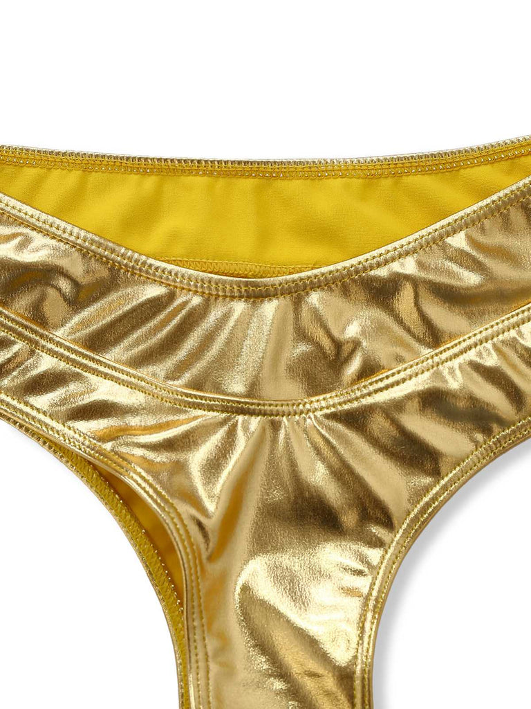 Detailed view of the stitching and metallic finish on the high-waisted bikini bottoms.