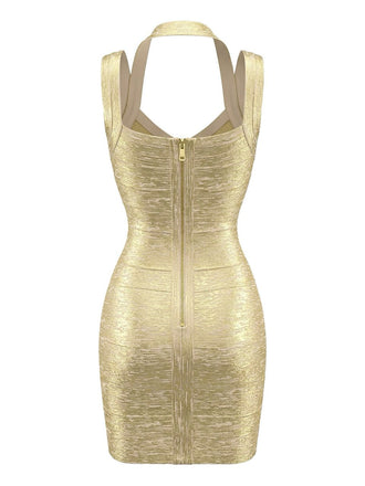 Or Halter Métallisé Moulante Bandage Robe Années 1980 2