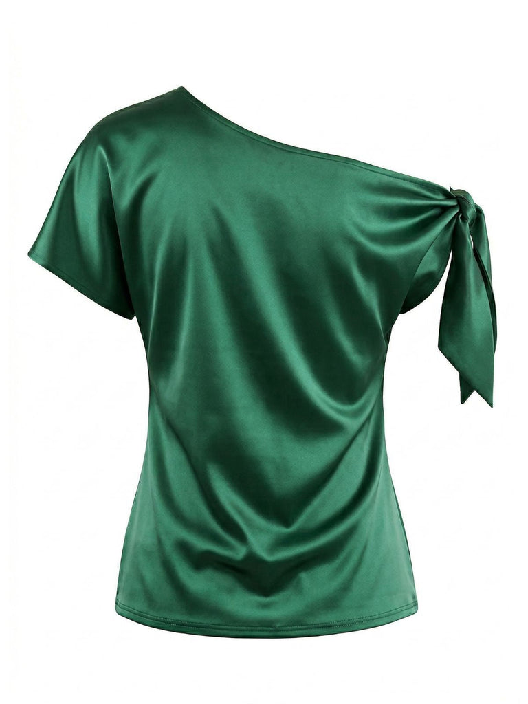 Vintage-inspired green solid satin one-shoulder tie knot top featuring 1930s glamour design, ideal for formal events and retro fashion styling