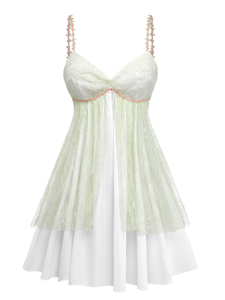 Elegant green 1950s-inspired double layer nightdress with lace rose strap embellishments, perfect for vintage sleepwear and romantic nights