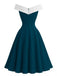 Teal dress with white neckline on a white background