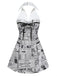 [Prévente] Gris Journal Imprimé Halter Col V Robe Années 1960 2