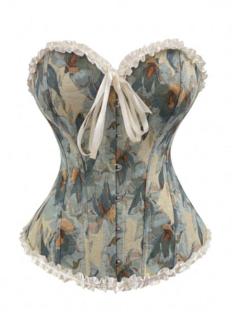 Haut corset bleu en tapisserie florale vintage à laçage Années 1960 - 1