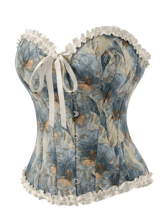 Haut corset bleu en tapisserie florale vintage à laçage Années 1960 - 2