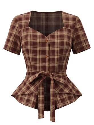 [Prévente] Haut rouge à carreaux, encolure diamant, basque et taille à nouer Années 1950 - 2