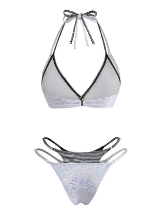 Argent Halter Chatoyant Faux Deux-Pièces Ensemble Bikini Années 1980 2