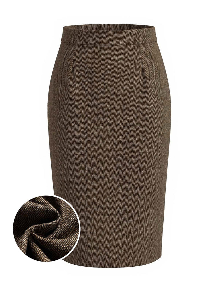 [Prévente] Jupe crayon taille haute marron clair en tweed à chevrons années 1940 - 1