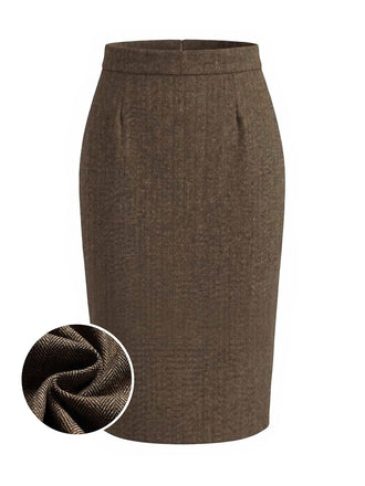 [Prévente] Jupe crayon taille haute marron clair en tweed à chevrons années 1940 - 1
