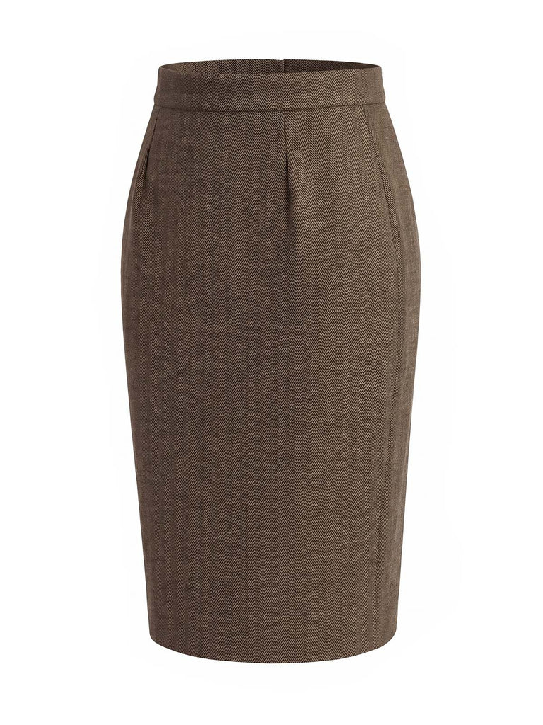[Prévente] Jupe crayon taille haute marron clair en tweed à chevrons années 1940 - 3