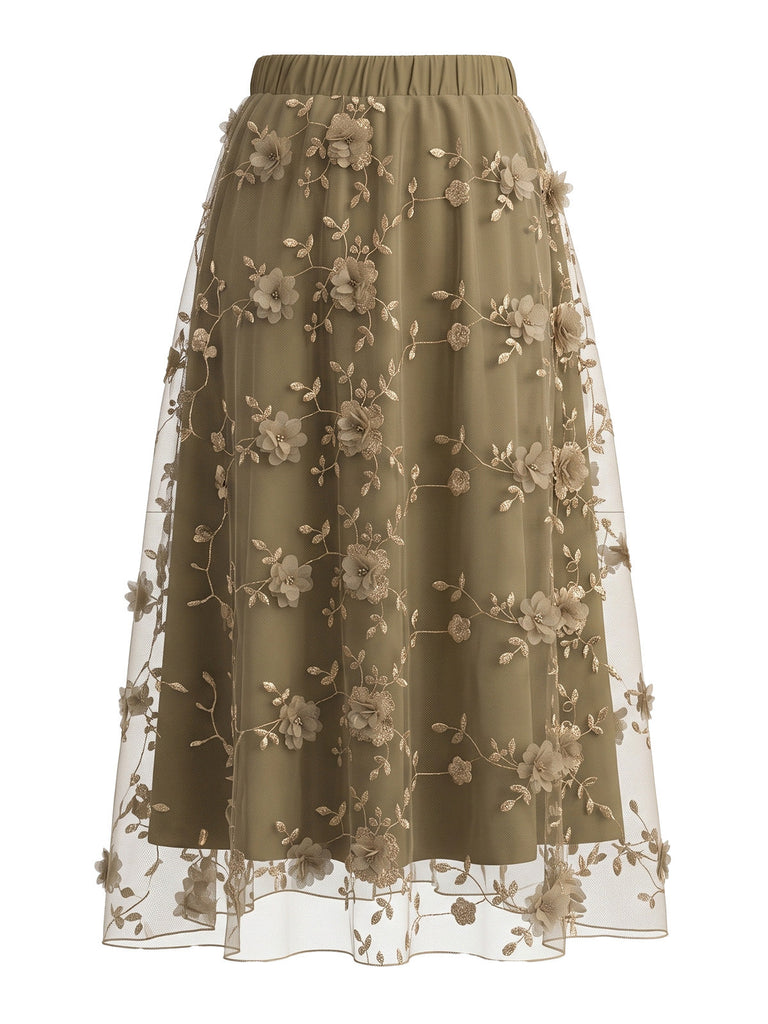 Jupe en tulle à fleurs brodées en relief Années 1950 - 1