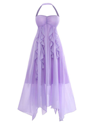 Front studio view of the lavender dress highlighting the delicate ruffle placement and flowing silhouette.
