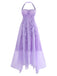 Front studio view of the lavender dress highlighting the delicate ruffle placement and flowing silhouette.