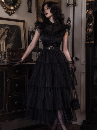 Robe noire à ceinture en dentelle pour Halloween des années 1950