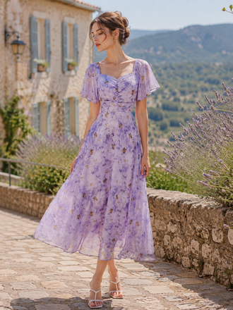 Robe violette mousseline à manches papillon années 1930