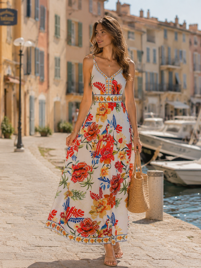 Robe longue multicolore sans manches motif floral et col V années 70