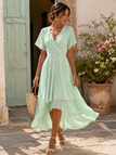 Robe Unie Col V en Mousseline Asymmetrical Années 1950