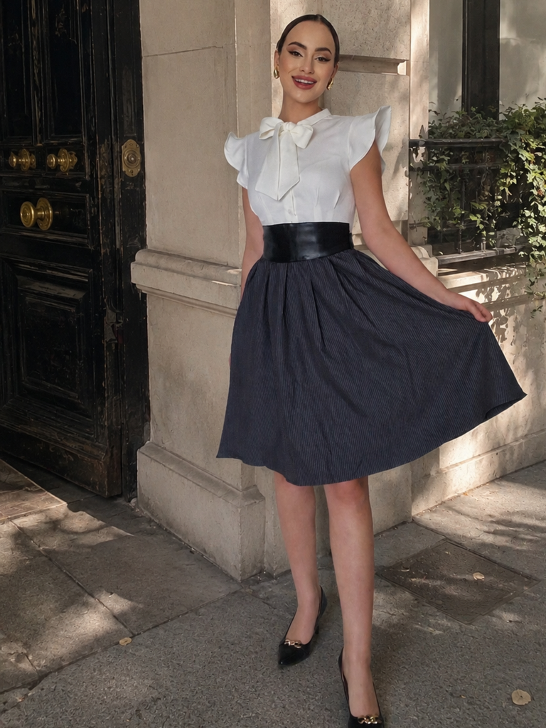 Robe trapèze à lacets blanche et grise 1950s Cocktail Chic